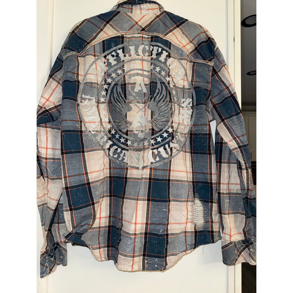 Affliction Black Premium Mens XL Plaid Button Up American Customs Shirt Blue